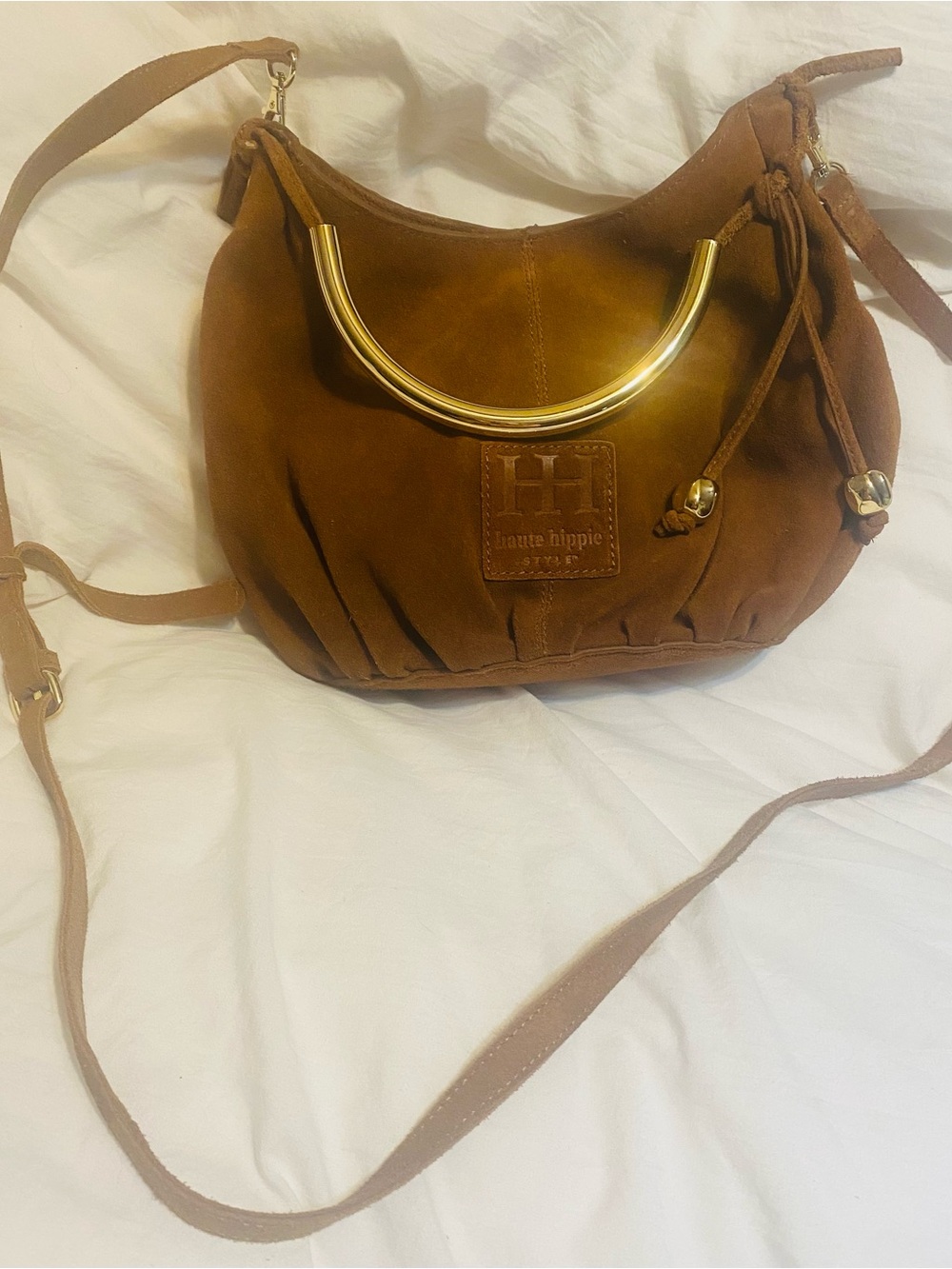 Haute Hippie Brown Suede Shoulder Bag with Gold Handle - Picture 8 of 11